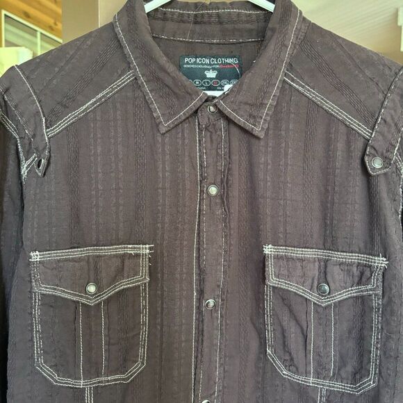 Pop Icon Shirt Mens XL Western Pearl Snaps Blue 100% Cotton Long Sleeve Detail - Picture 2 of 13